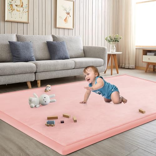 Image of ILPEOD Baby Play Mat for Floor Nursery Rug Muscle Mat Area Rug Playroom Rug 74"x50" Playpen Mat Memory Foam 1.3" Thick Crawling Mat for Babies,Toddlers, Infants, Kids,Light Pink