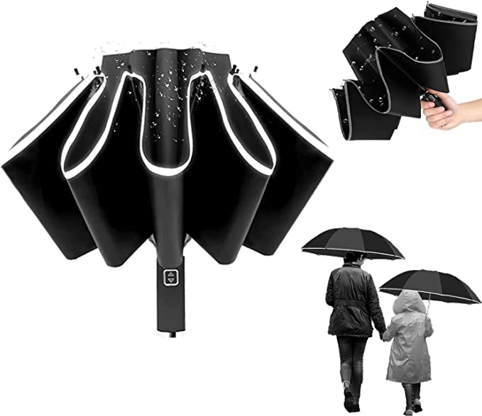 Compact Travel Umbrellas for Rain, Large Windproof Reverse Rain Umbrellas with Shoe Covers - Portable, 47.3 Inchs, Safety || Black-image-45