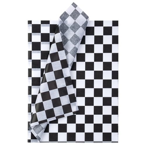 WRAPAHOLIC Checkered Tissue Paper - 60 Sheets 14 x 20 Inch Black and White Race Car Tissue Paper Bulk for Birthday Baby Shower Wedding Art Craft Party Favor Decoration