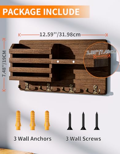 SWTYMIKI Schlüsselbrett mit Magnet Hängend - Schlüsselhalter Holz mit 4 Doppel Schlüsselhaken, Dekorative Schlüsselkasten mit Ablage Holz für Eingang, Mudroom, Flur, Schlafzimmer, Wohnzimmer, Braun