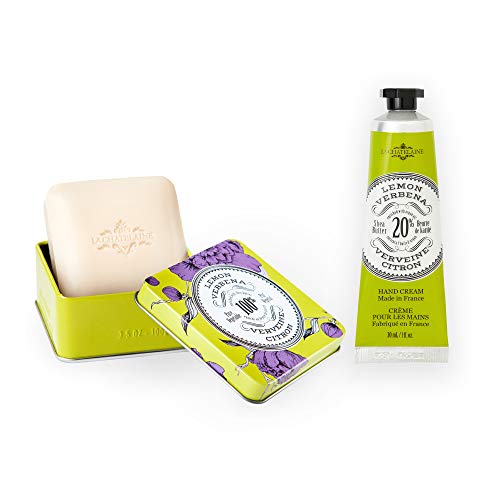 La Chatelaine 20% Shea Butter Lemon Verbena Hand Cream + French Soap in a Tin, Moisturizing, Nourishing, Made in France, Travel Size Hand Lotion 1 fl oz, Natural Triple Milled Bar (100 g), Bundle