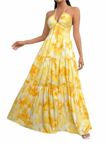 Image of SHENHE Women's Deep V Neck Tie Knot Backless Halter Dress A Line Flowy Ruffle Maxi Dress