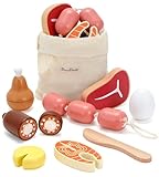 PairPear Wooden Toys Play Food Sets for Kids Kitchen, Kids Toy Food Cutting Meat Set for Toddlers 3+ Years Old, Pretend Food Play Kitchen Accessories for Girls and Boys