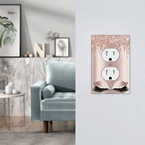 Rose Pink Gold Eyelash Pretty Eyes Lash 1 Gang Single Electrical Duplex Outlet Cover Receptacle Device Plug Wall Plate Trendy Glitter Gorgeous Girl Women Switchplate Bathroom Decor Electric Faceplate #TOP6