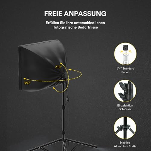 RALENO Softboxen, 2 x 50 W LED Softbox Fotostudio Set, 2 x 50 x 50 cm Fotolicht mit 5500 K Glühbirne und Stativ für Porträtfotografie, Game-Streaming, YouTube-Videofotografie