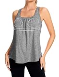 SLIMBELLE Mesh Racer Back Tank Tops Womens Gym Yoga Athletic Workout Tops Round Neck Sleeveless Loose Fit Cami with Built in Bra Gray L