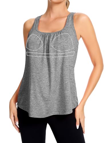 SLIMBELLE Mesh Racer Back Tank Tops Womens Gym Yoga Athletic Workout Tops Round Neck Sleeveless Loose Fit Cami with Built in Bra Gray L
