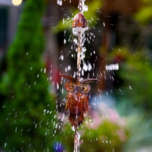 Cadena de lluvia de metal con búhos de 230 cm para canalón y drenaje de jardín 7