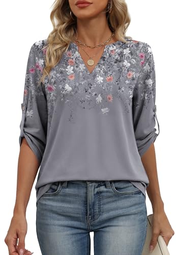 Image of XIEERDUO 3 /4 Length Sleeve Womens Tops V Neck T Shirts Both Side Buttons Blouses Business Casual Outfits Loose Fit