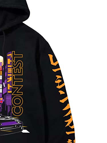Soly Hux Men's Graphic Hoodies Letter Car Print Long Sleeve Drawstring Pullover Sweatshirt Black S #TOP2