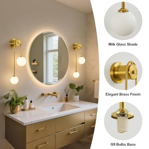 Image of Globe Wall Sconce, Double Hanging Ball Sconce, Modern Indoor Sconces | Gold Double Globe wall Sconce with Milk Glass Shades, Hardwired Indoor ball Sconce for Bedroom Bathroom Living Room Hallway