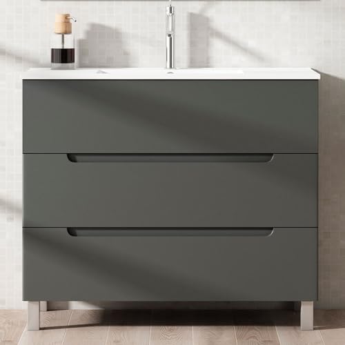 Kibath Mueble de Baño con Lavabo Victoria 100 cm 3 cajones con Patas Acabado Grafito Mate Fabricado en Madera, Grande
