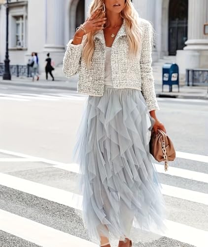 ChicVibes Womens Fairy Tulle Skirts High Elastic Waist Ruffle Mesh Midi Skirt Layered Flowy Skirt for Women3