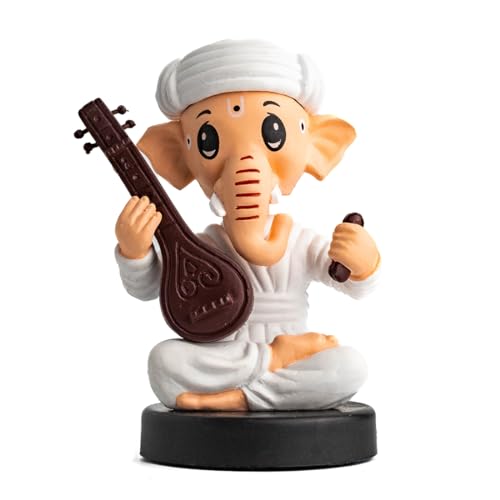 Image of Ganesh Idol for Car Dashboard Bobblehead, Home Decor Items for Living Room, Office Desk, Ganpati Murti for Gifting, God Statue for Good Luck, Superhero Action Figure, Sitar and Kartal, White