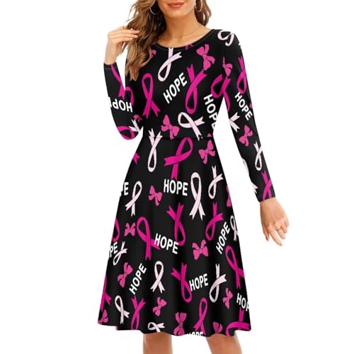 Xsehusvy Women's Breast Cancer Awareness Long Sleeve Midi Dress