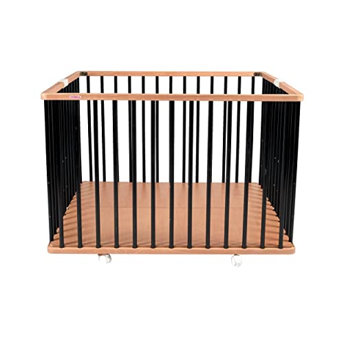 Parc Pliant Carré Gaby avec Plancher Réglable et Roulettes, Bicolore Noir et Naturel