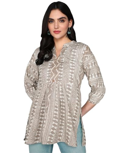 Image of Stylistico Geometric Print Summer Cotton Tunic Western Everyday Regular Fit Full Sleeve v Neck Office Peplum Printed Long Tops for Women Latest