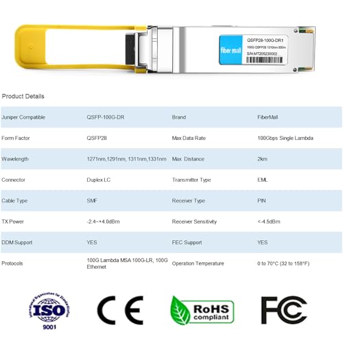Image of 100G QSFP28 DR Single Lambda Optical Transceiver Module, Compatible with Juniper QSFP-100G-DR,100GBASE-DR QSFP28 1310nm 500m Duplex LC SMF with FEC DDM