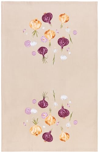 Image of Now Designs Aromatics Dishtowel, Watercolor Onions & Garlic Print, 100% Cotton, W18 x L28in