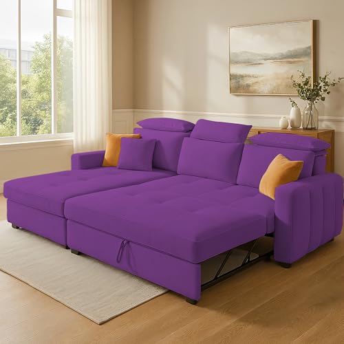 Image of Casaliving Gagnon LHS 4 Seater L Shape Corner Sofa Cum Bed for Living Room (Purple Fabric) Premium Fabric Sofa
