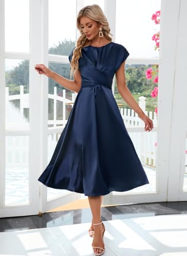 Image of Women's Summer Satin Dress Elegant A-Line Cap Sleeves Tie Waist Flowy Midi Dress Cocktail Wedding Guest Dress
