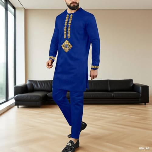 African Suits for Men with Gold Embroidery Dashiki 2 Piece Set Outfit Nigerian Attire Clothing2