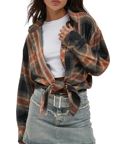 Image of CHYRII Womens Button Down Flannel Shirts Long Sleeve Plaid Shackets Business Casual Blouse Top