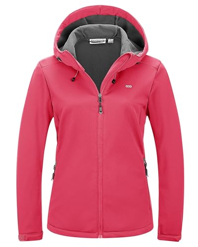 33,000ft Women's Softshell Jacket Ladies Waterproof Jacket Fleece Lined Warm Jacket Hooded Outdoor Windproof Sports Jacket Lightweight Functional Jacket Cycling Jacket Rose Red 12