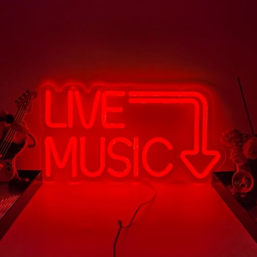 Image of Live Music Neon Sign for Music Studio Record Wall Decor Led Light Up Sign Accessories Red Words Neon Sign