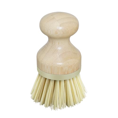 Image of OGGI Natural Bamboo Dish Brush - Round Palm Dish Brush, Non-Scratch, Odorless Nylon Bristles, Durable Scrub Brush for Grease & Grime, Safe Cleaning Brush for Non-Stick Cookware - Khaki Accent Color