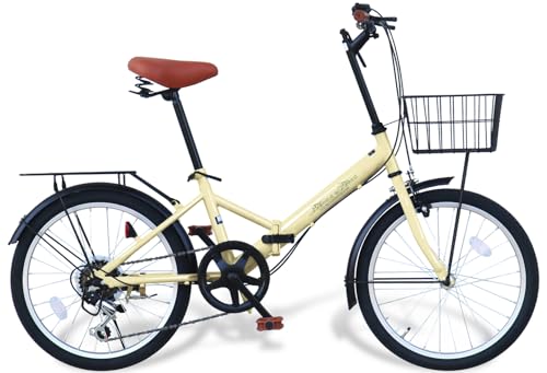 AIJYU CYCLE 折りたたみ自転車 20インチ AJ-08C シマノ6段ギア 荷台付き カゴ ワイヤー錠&フロントLEDライト プレゼント 街乗り (アイボリー(荷台付き))