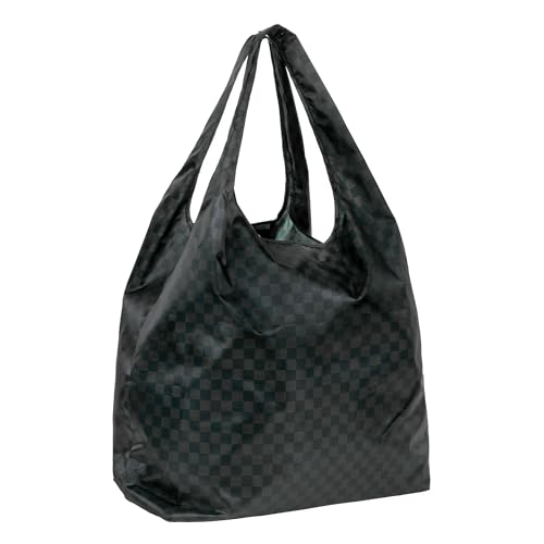 Bumkins Reusable Grocery Shopping Tote Bag for Women Large Boho Style with Handles Foldable and Washable Comfortable Shoulder Straps for Market Groceries Errands Lightweight Fabric Black Check