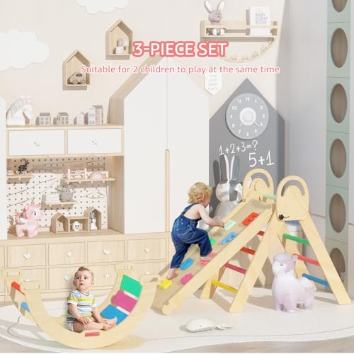 Image of Pikler Triangle Set, Montessori Climbing Set, Baby Climbing Playset Toys Indoor, Jungle Gyms for Toddlers Ages 1-4, Toddler Climbing Playground (Rainbow-Nature)