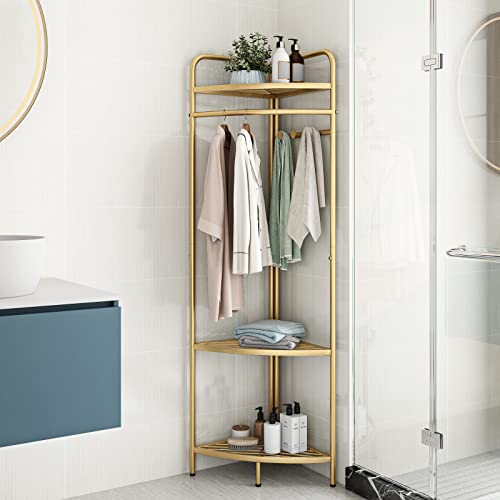 Doorxifo Corner Gold Clothing Racks Freestanding, Gold Metal Coat Racks With Hooks, Heavy Duty Modern Clothes Rack With 3 Tier Storage Shelves For Home,Bedroom,Living Room #TOP4
