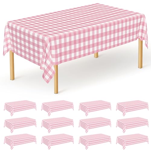 Image of 12Pack Table Cloth Rectangle Table, 54 inch x 108 inch Plastic Table Cloth Disposable, Waterproof Pink and White Checkered Table Cover for Outdoor Picnic Birthday Party Supplies Gathering BBQ Holiday Dinner