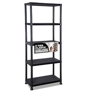 Crystals 5 Tier Plastic Shelving Unit | Garage Shelving Units | Heavy Duty Racking Shelving & Storage | Multipurpose Plastic Storage Shelves for Garage, Warehouse, Workshop, Sheds and Office – Black