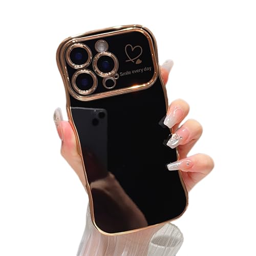 Coque iPhone 16 Pro Max de luxe avec bords plaqués or et cadre ondulé noir chic