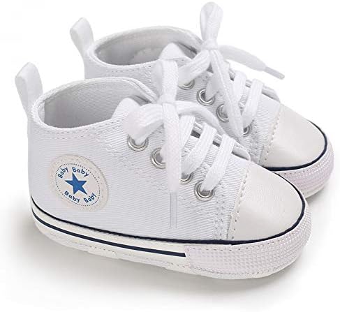 Baby Boys Girls Star High Top Sneaker Soft Anti-Slip Sole Newborn Infant First Walkers Canvas Denim Shoes (6-12 Months, HY-Baby-W) White
