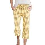 CGGMVCG Pantaloni Capri da donna in lino estivi casual a quadretti pantaloni leggeri con coulisse elastico in vita pantaloni corti con tasche, Giallo, XXL