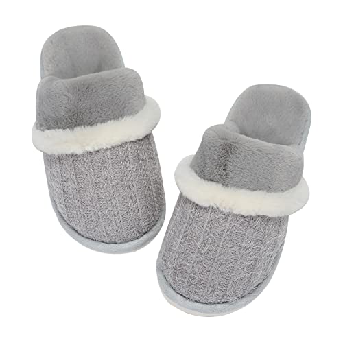 Womens Cozy Memory Foam Slippers Soft Warm Slip On Faux Fur House Slippers,Anti-Skid Rubber Sole,Size 7-8 Light Grey,Creative Gifts For Women Mom Girlfriend #TOP21