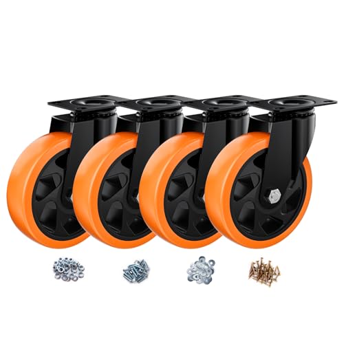 Image of 5 Inch Caster Wheels, Casters Set of 4 Heavy Duty, Orange Polyurethane (PU) Casters, Industrial Swivel Top Plate Castor Wheels for Workbench /Furniture /Cart (Pack of 4)