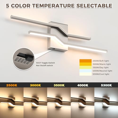 Image of 24 Inch Vnaity Lighting Led Bathroom Lights Over Mirror Brushed Nickel Dimmable 5CCT 24W Modern Bath Vanity Lights Bar Wall Sconces