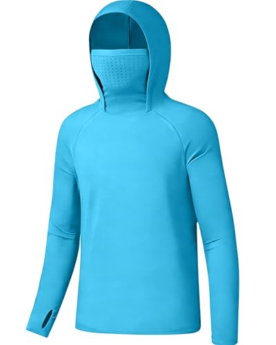 DRONIRING Boys Hooded Fishing Shirt with Mask Kids UPF 50+ Long Sleeve Rash Guard Hoodie Sun Protection Beach Swim Shirts Light Blue