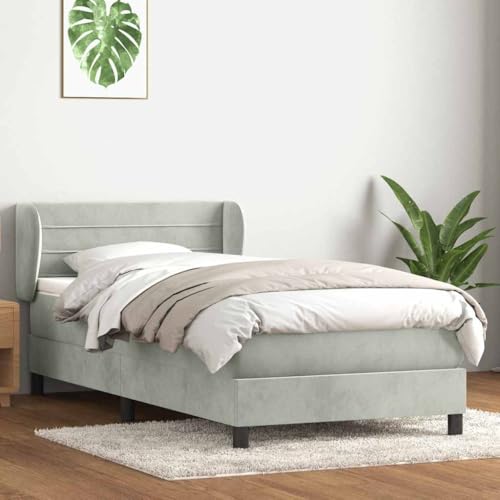 ACAGALA Cama con somier con colchón de 80 x 210 cm, cama tapizada de terciopelo, cama individual con cabecero de rayas horizontales, marco de cama con somier, patas de apoyo reforzadas, gris claro