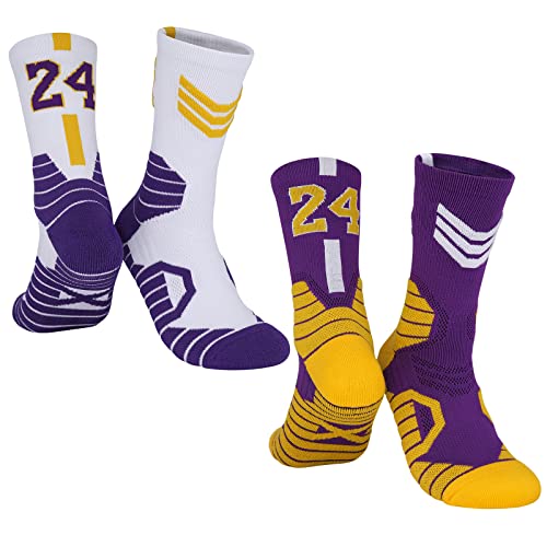 2 Pairs Numeric Children Basketball-Socks-for-Boys #24 Lucky Number Sports-Socks Lakers Child Socks with 3D Ankle Protection for Youth Boys Kids Basketball Accessories Gift for Boys Fans (1.5-5.5)