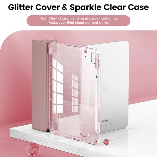 INFILAND Compatible with iPad 10th Generation Case, iPad Case 10th Generation 10.9 Inch, Glitter Leather Cover with Sparkly Crystal Clear Back, Pencil Holder, Anti-Yellowing (Rose Gold)