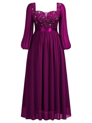 Image of MISSMAY Women's Plus Size Sequin Lace Square V Neck Sheer Long Sleeves Formal Evening Chiffon Long Dress