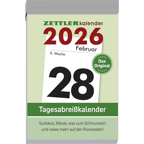 Zettler Tagesabreißkalender L 2026 – Abreißkalender 7 × 10 cm, 1 Tag pro Seite mit Sudoku, Rezepten, Rätseln & Tipps auf den Rückseiten, FSC-zertifiziert
