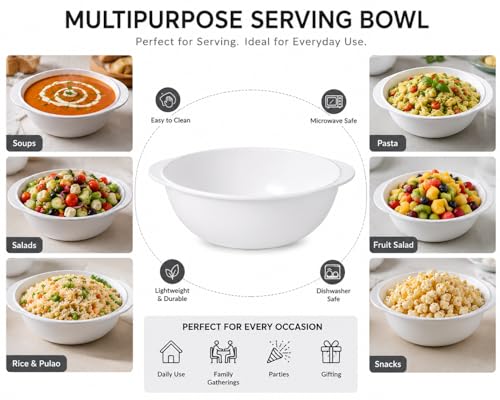 Image of Melvio By Malti 1 Pc Serving Bowl for Dining & Serving | Premium Melamine Bowl with Elegant Floral Design | Microwave & Dishwasher Safe Bowl for Curry, Dal, Vegetables, Snacks & Salads | White, 8 Inch