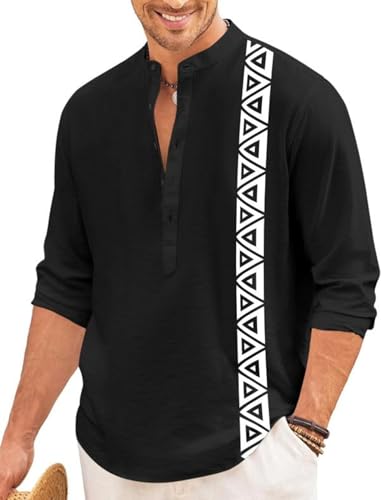 Image of FINIVO FASHION Men's Short Kurta with Printed Geometric Side Panel | Cotton Blend Full Sleeve Ethnic Topwear with Mandarin Collar | Stylish Indo-Fusion Kurta for Daily, Festive, or Casual Wear